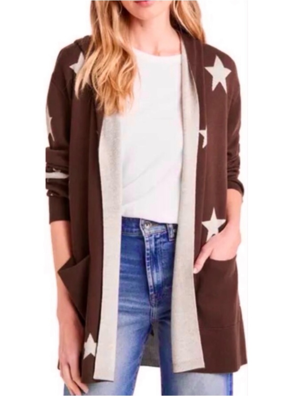 Easel Hooded Star Print Open Cardigan Small